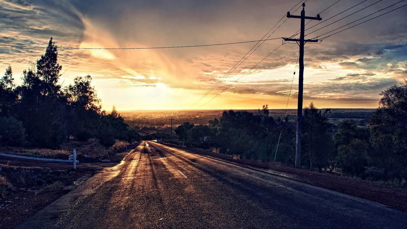 clouds, electric lines, rural, 1080P, sundown, nature and landscapes, sunset, road