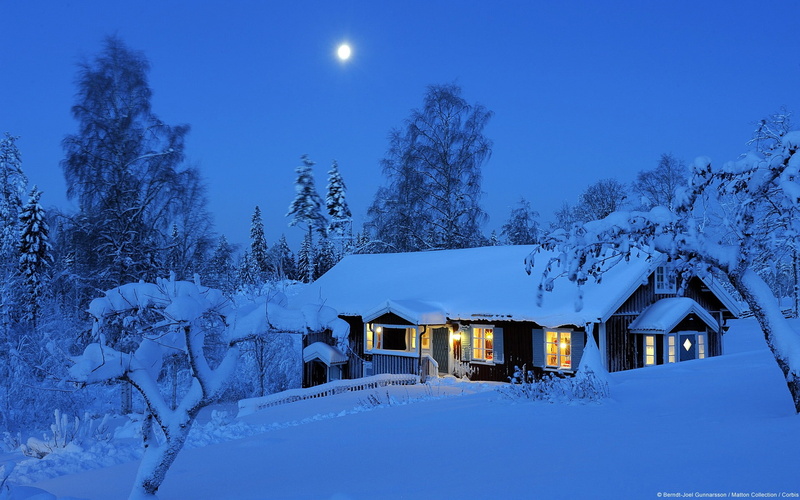 building exterior, moon, 1080P, built structure, night, nature, rural, tranquility, cold temperature, covered, house, tree, snow, windows, covering, plant