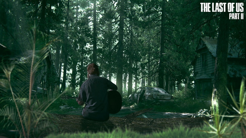 video games, The Last of Us, trees, video game girls, back, Ellie, screen shot, Ellie Williams, alone, 1080P, The Last of Us 2, sitting, guitar