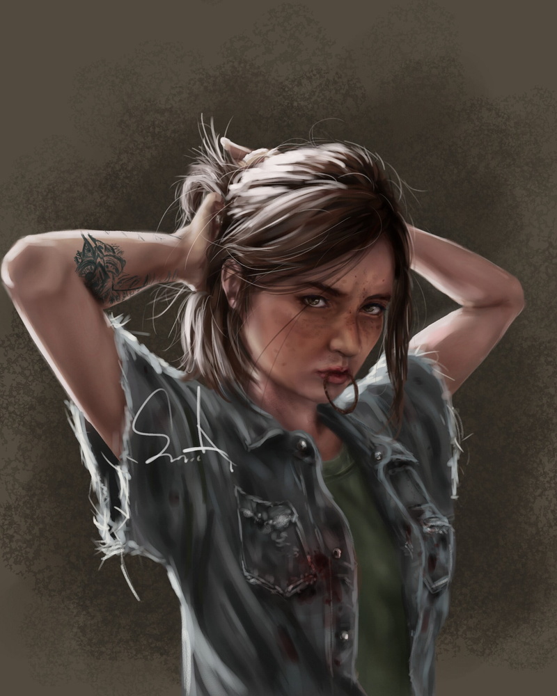 brown background, green eyes, brunette, sensual gaze, hairbun, video game girls, simple background, arms up, ArtStation, painted freckles, game art, Ellie Williams