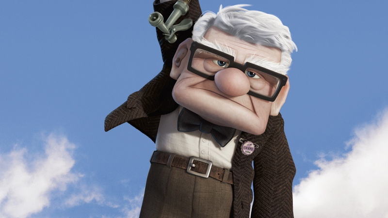 child, Movie, Up, offspring, adult, Carl Fredricksen, men, emotion, standing, looking at camera, portrait, day, one person, nature, disguise, fun, sky
