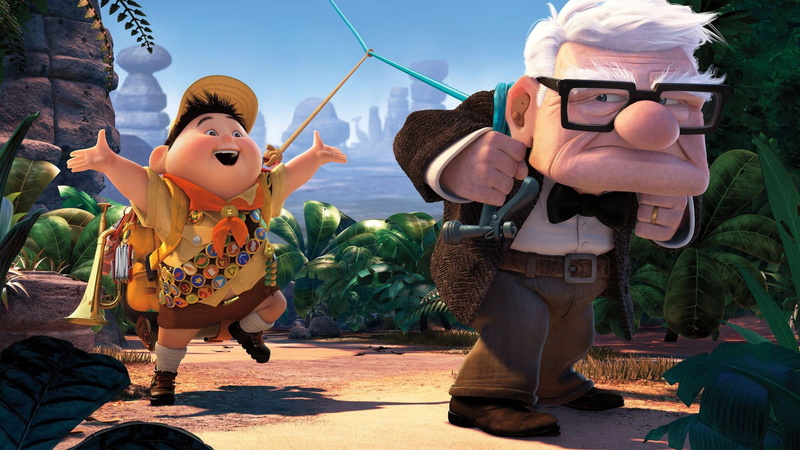 sky, costume, child, males, Movie, toy, childhood, innocence, Russell (Up), two people, human representation, representation, outdoors, sunlight, weapon