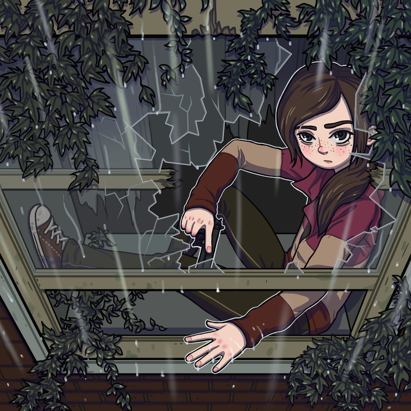 rain, by the window, leaves, brunette, 1080P, sitting, freckles, ArtStation, Ellie Williams, artwork, Handgun, digital painting, video game girls, women