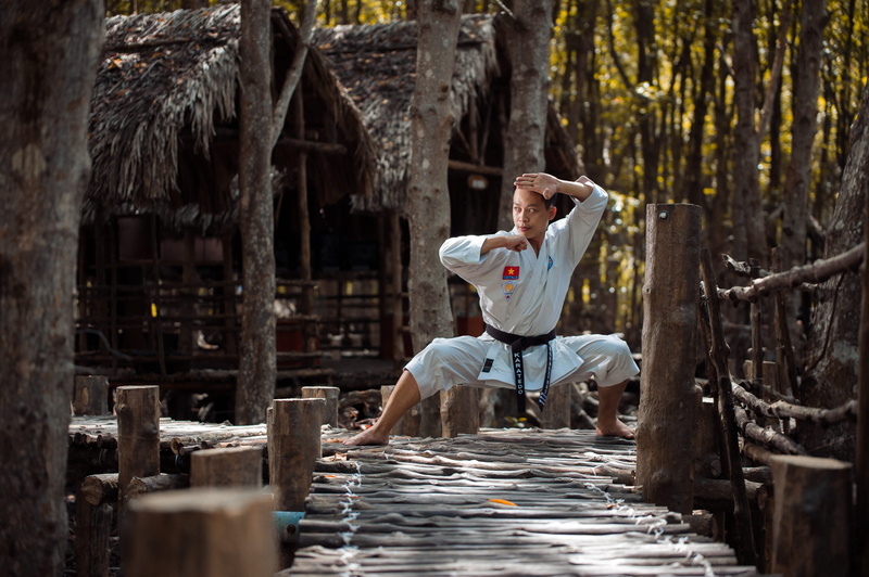 young adult, building, man, leisure activity, squatting, karate, built structure, real people, rural, countryside, hut, front view, wooden, plywood, 4K