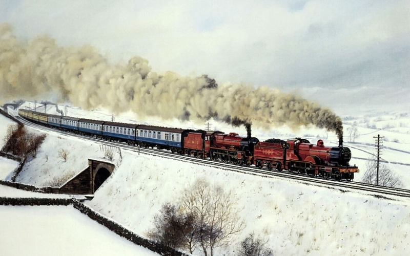 transportation, winter, brown, artwork, blue, 720P, train - vehicle, steam, steam train, outdoors, cloud - sky, nature, smoke - physical structure, motion