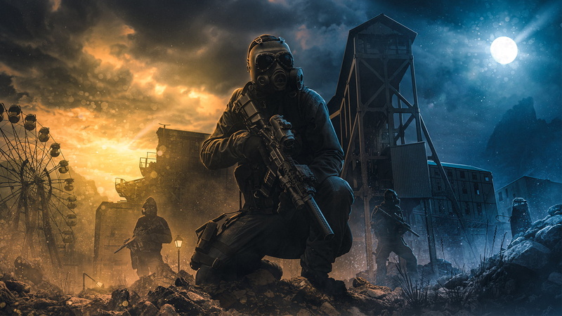 Moon, destruction, soldier, abandoned, Benjamin van Valen, gun, Photoshop, men, 1080P, night, photo manipulation
