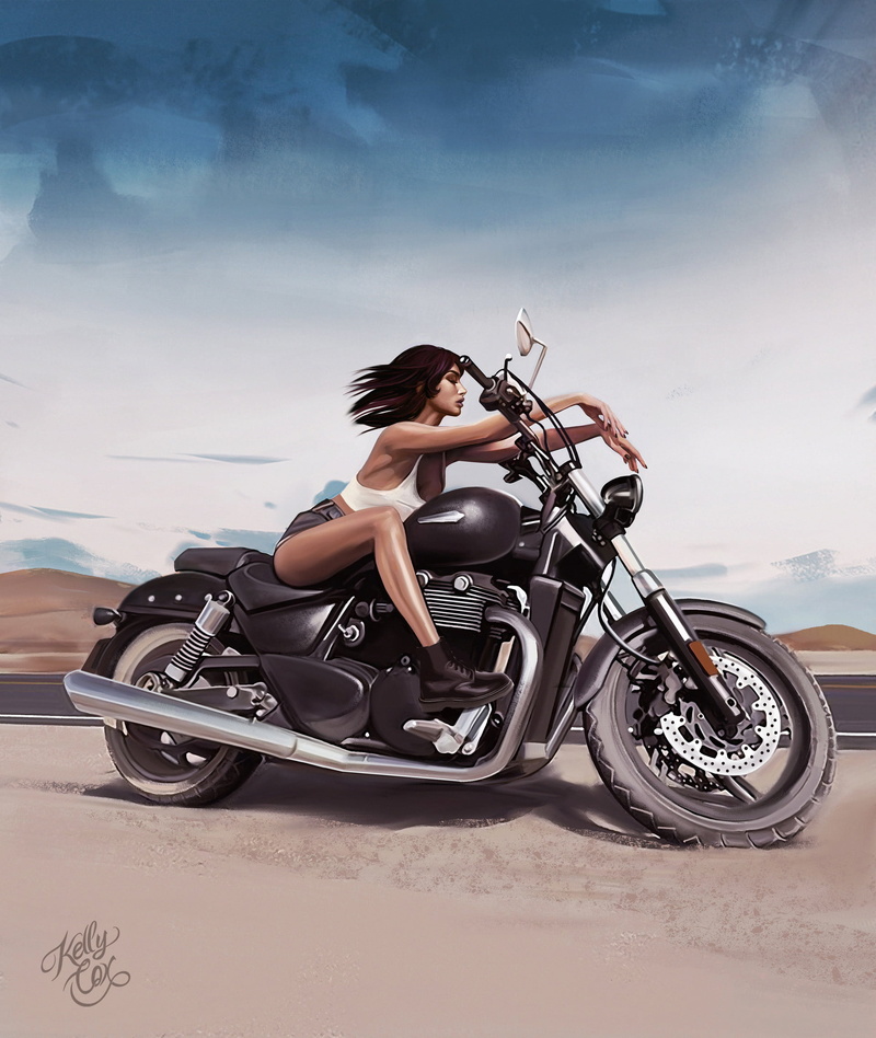 closed eyes, tank top, motorcycle, digital painting, 1080P, digital art, women, portrait display, parking, long hair, chopper, shorts, signatures, Kelly Cox