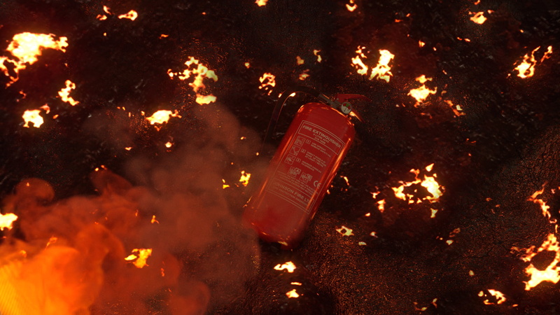 fire extinguishers, 1080P, OctaneRender, smoke, fire, rendering, debris, CGI