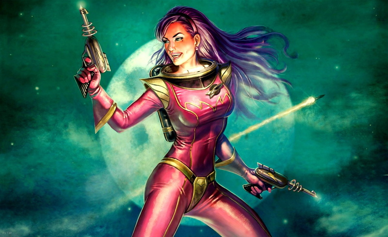 Women, Space, Smile, Spacesuit, Woman, Girls and Guns, Artistic, Retro, Warrior, Gun, Laser, Pistol, 1080P