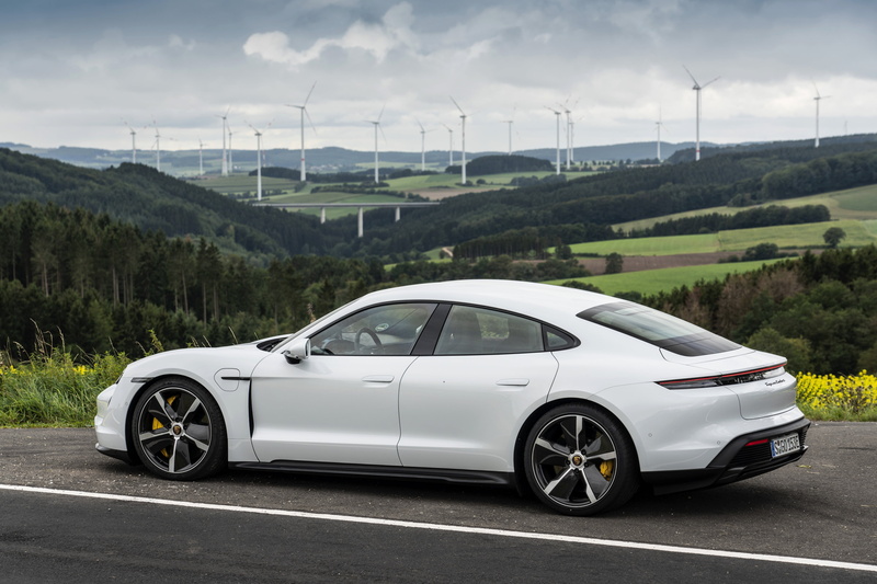 White Car, Porsche, Porsche Taycan, Vehicle, Sport Car, 4K, Porsche Taycan Turbo S, Wind Turbine, Car