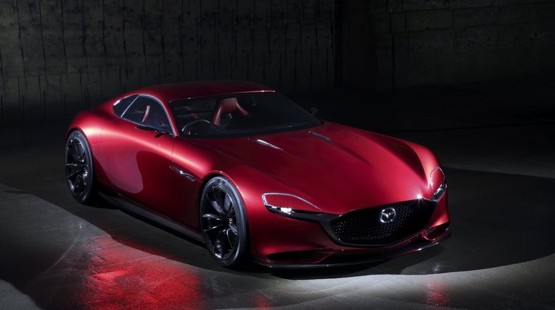 night, motor vehicle, convertible, the concept, Concept, one person, car, stationary, red, shiny, indoors, modern, retail, Mazda, RX-Vision, 4K, mode of transportation