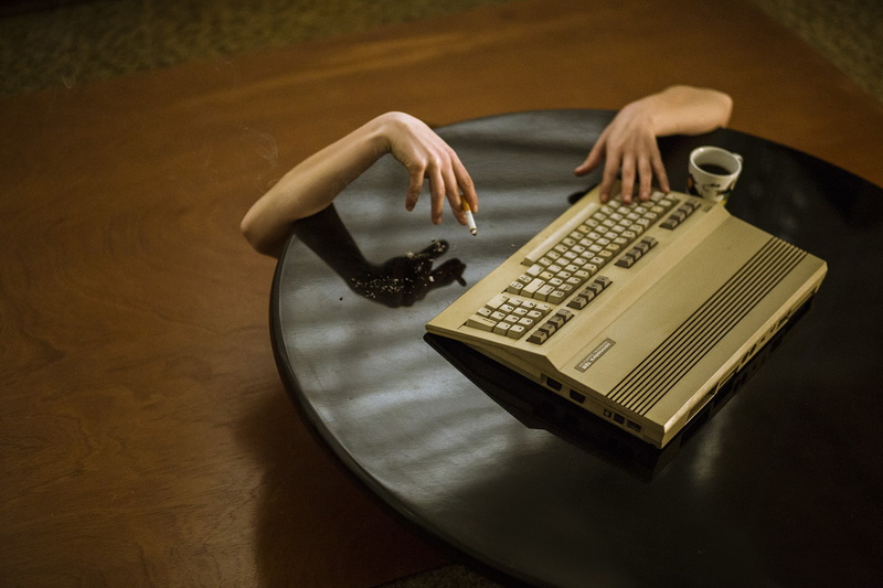 communication, hand, indoors, holding, women, leisure activity, 1080P, human body part, casual clothing, computer, wood - material, adult, midsection