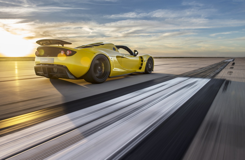 yellow, racing, Hennessey Venom GT Spyder, sport car, 4K, flag USA