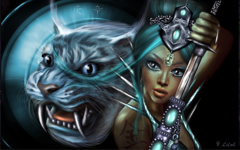 fiction, girls, animal, tigers, warrior, weapons, art, lilok lilok, girl, tiger, 1080P, kanji, jewelry, saber toothed, tattoo