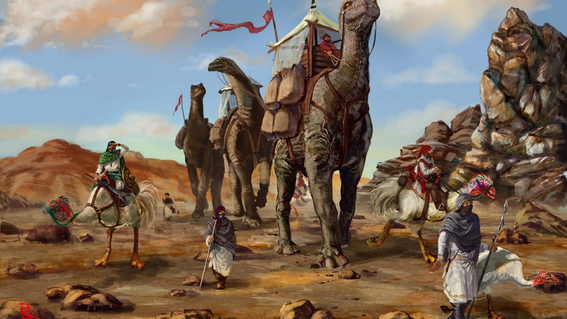 domestic, painting, people, 1080P, dinosaurs, ride, cloud - sky, group of people, land, outdoors, dinosaur, group of animals, mammal, rack, sky, day, sand