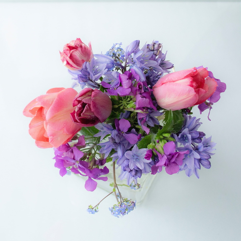 forget-me-nots, bells, honesty, bouquet, 1080P, light background, tulips