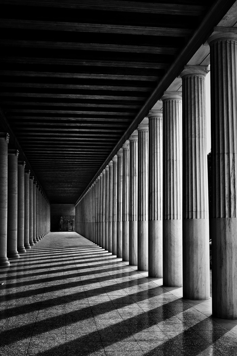 day, colonnade, indoors, ceiling, arcade, corridor, in a row, no people, shadow, sunlight, architecture, building, athina, diminishing perspective, built structure