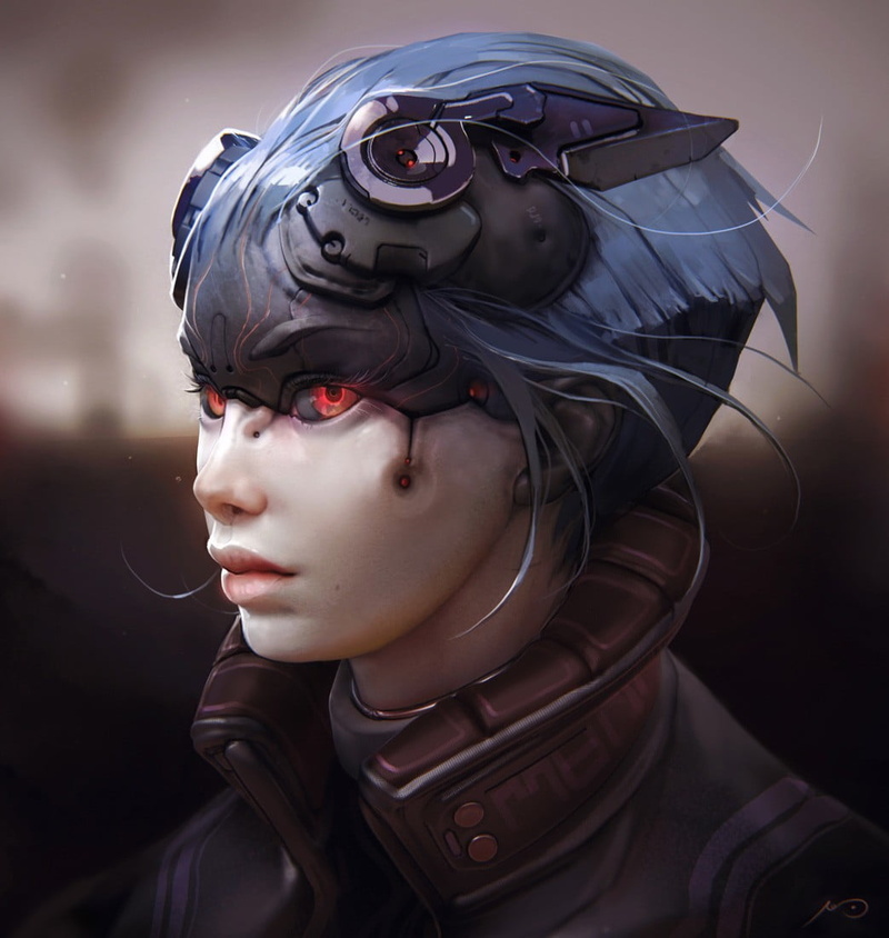 clothing, 480P, hat, robot, top, science fiction, futuristic, headwear, art and craft, beautiful woman, haired, young adult, artwork, blue, indoors, headshot