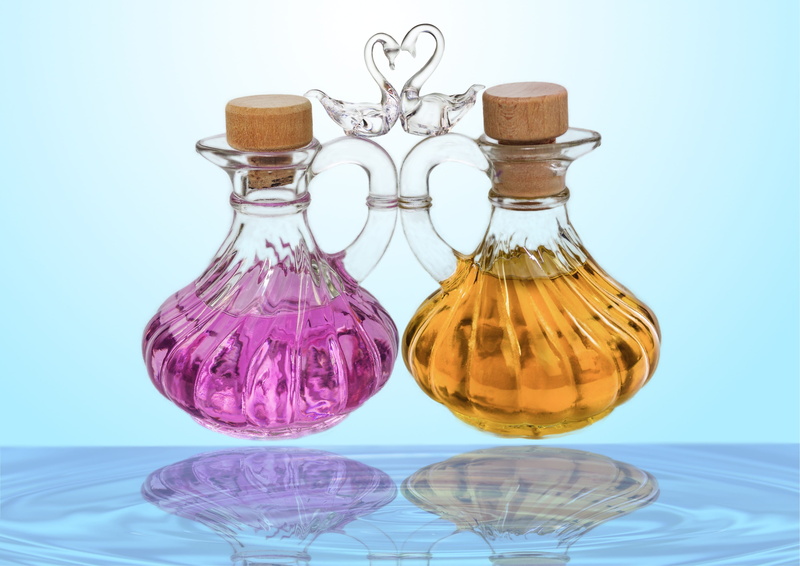 2K, freshness, carafes, oil, day, vulnerability, still life, indoors, fragility, purple, yellow, reflection, swans, pink color, transparent, blue, massage oil