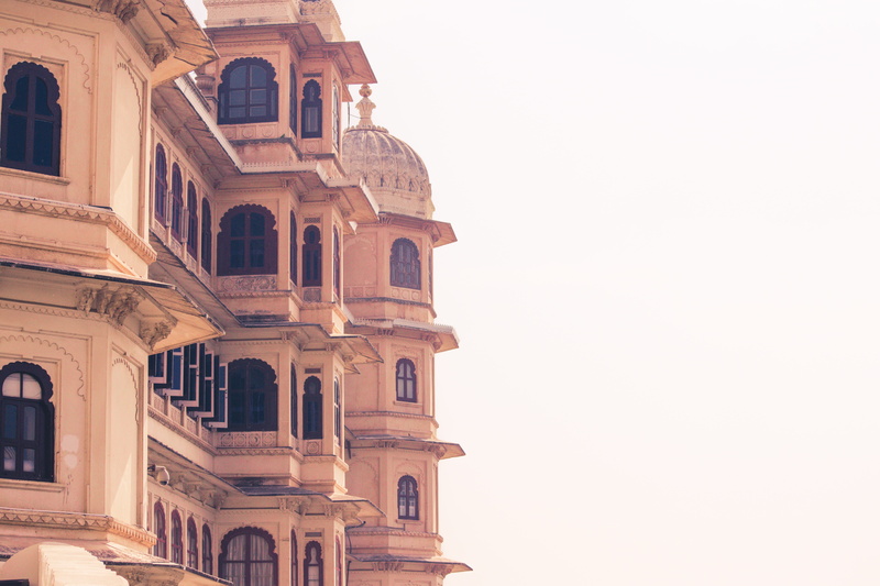 outdoors, udaipur, copy space, photography, brown, stone, arch, sky, architectural, the past, old, vacation, built structure, palace, windows, low angle view
