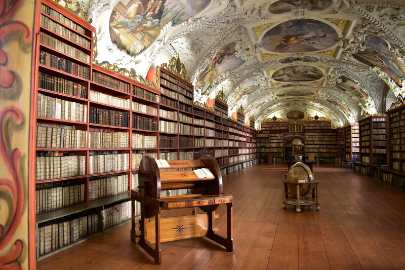 fresco, ceiling, library, globe, building, light, publication, literature, aisle, university, learning, architecture, indoors, large group of objects, book