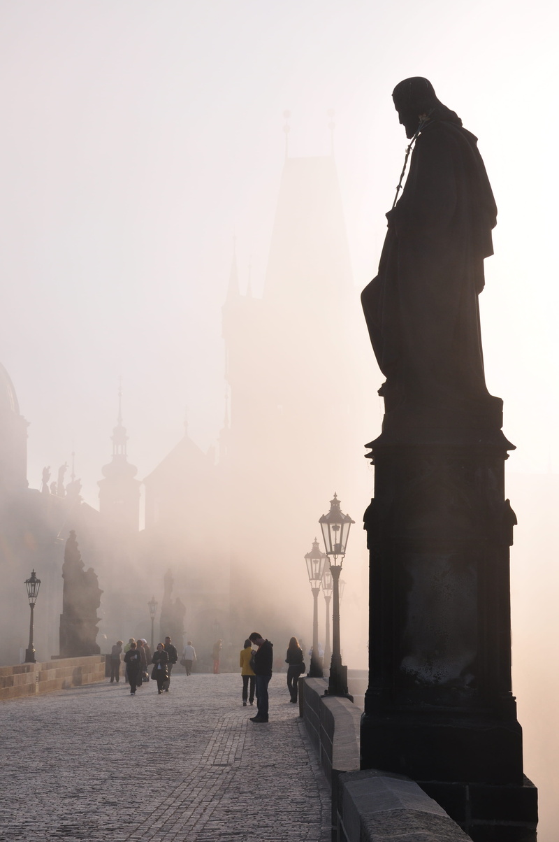tourism, standing, representation, bridge, monument, mist, lamp, walking, fog, sculpture, town, statue, near, city, the past, old, sky, travel destinations