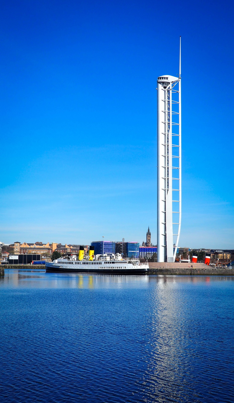outdoors, sky, blue, river clyde, nature, river, tower, copy space, glasgow, illuminated, 4K, day, architecture, glasgow university, science centre, scotland