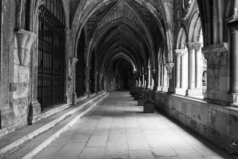 historically, diminishing perspective, old, arch, Architecture, colonnade, lisbon, black And White, indoors, day, place of worship, belief, direction, corridor