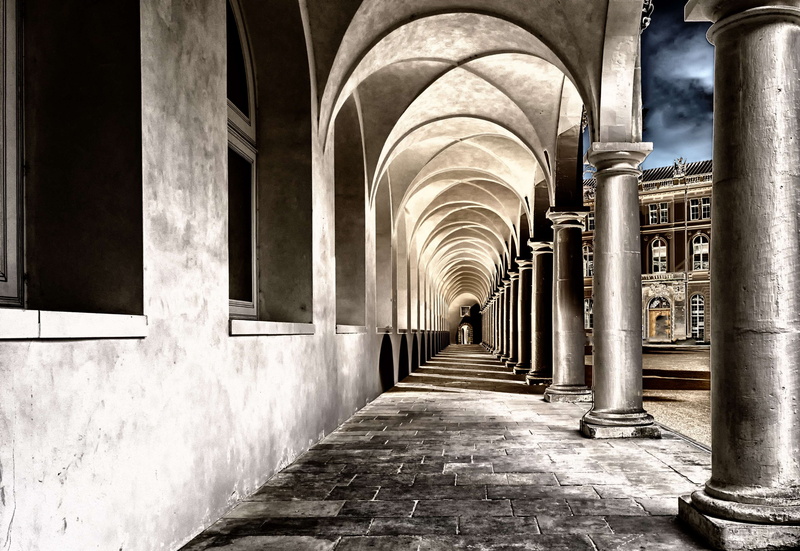 art, colonnade, saxony, old, light, dresden, the way forward, diminishing perspective, monastery church, arcade, building, history, building exterior, built structure