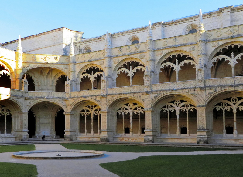 travel, built structure, sky, manuelin, ancient civilization, outdoors, lisbon, clear sky, architectural column, nature, courtyard, hieronymite, monastery