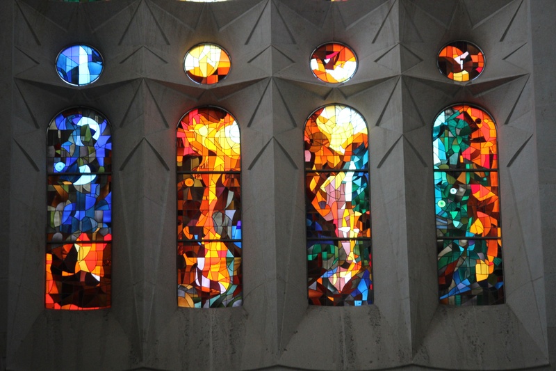 lighting equipment, spain, travel, design, stained glass, colors, low angle view, barcelona, place of worship, spirituality, creativity, cathedral, 5K