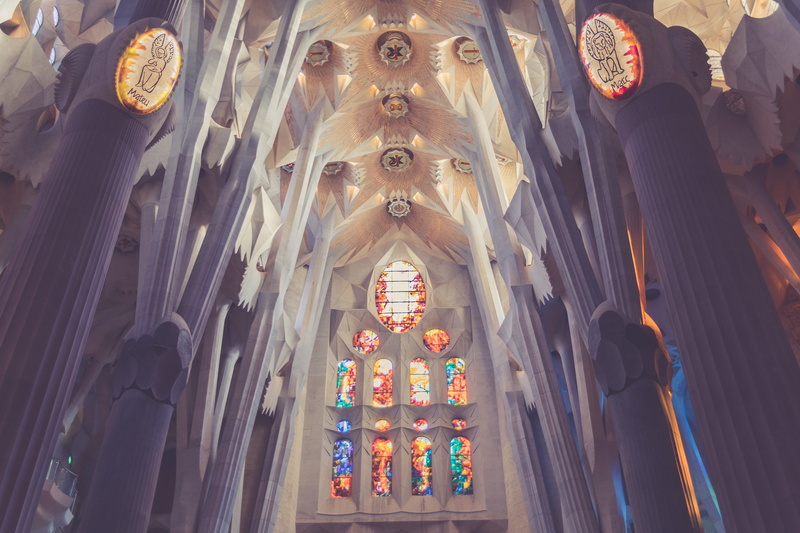 no people, art and craft, built structure, cathedral, lights, stained glass, male likeness, low angle view, building, belief, glass, spain, barcelone, sagrada familia