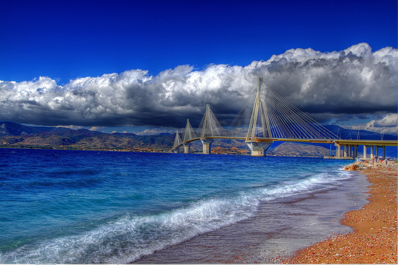 cable, water, photo, view, gray, " Charilaos Trikupis", The Gulf of Corinth, bridge, Greece, 4K, black, shore, seashore, the sky, colored, clouds, Rio-Antirio