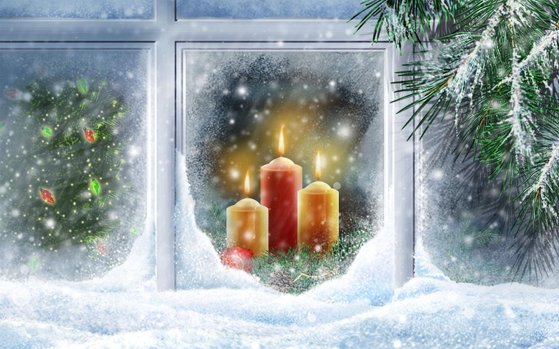 christmas, illustration, widescreen, three, 1080P, lights, pillar, candle