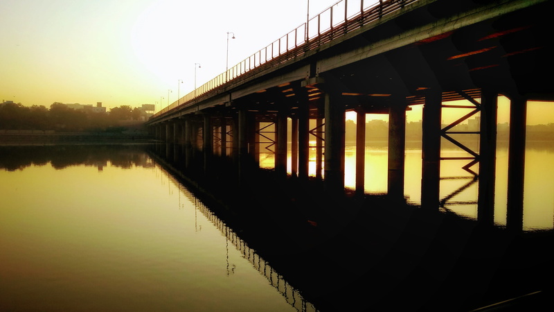 viaduct, column, water, ahmedabad, clear sky, sunset, transportation, pier, river, sabarmati riverfront walkway w, reflection, dock, tranquility, waterfront