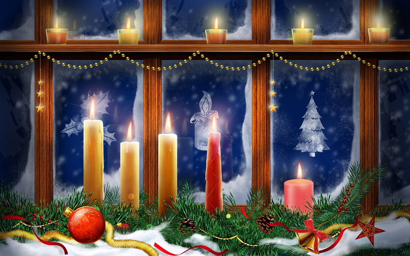 red, 1080P, christmas, painting, candle, pillar, lighting, hd, yellow, candles