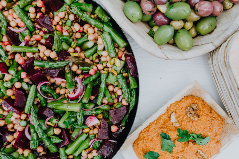 middle, choice, beets, indoors, vegan, party, plate, green color, lunch, food, table, healthy eating, asparagus, vegetables, no people, high angle view