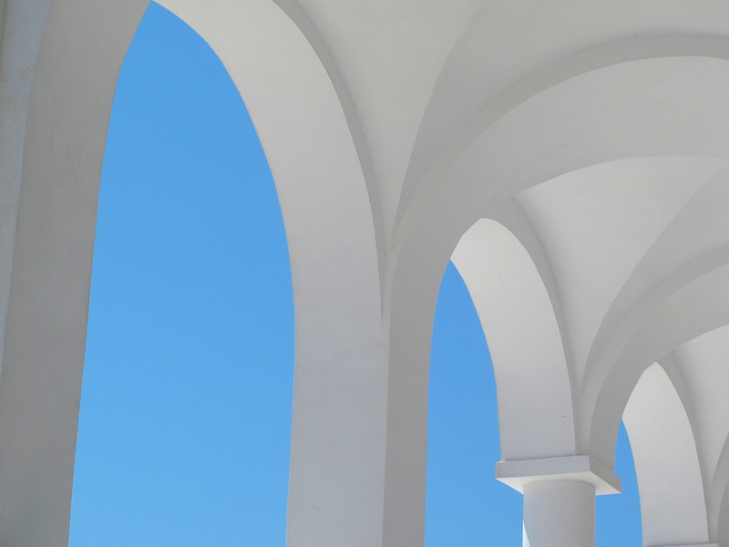 sky, ceiling, greece, urban, arcade, history, sunlight, tower, church, colonnade, blue, ruins, vault ceiling, no people, arches, indoors, suspension, archaeology