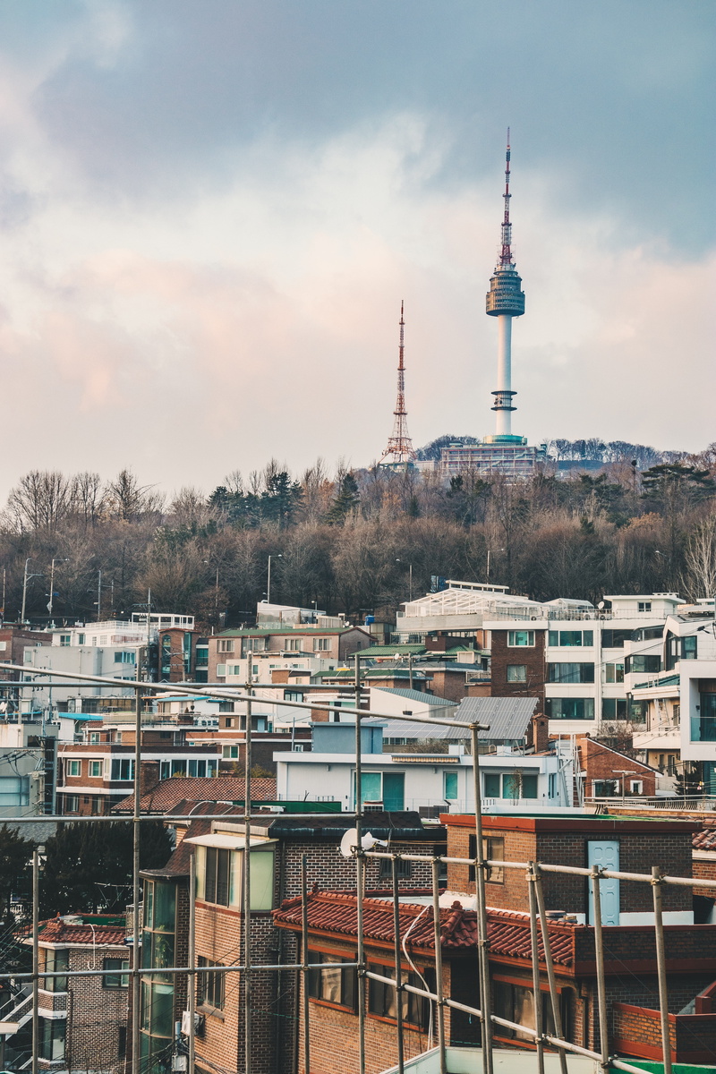 city, control tower, spire, slum, steeple, downtown, building exterior, no people, daytime, high rise, town, neighborhood, nature, urban, water, south korea