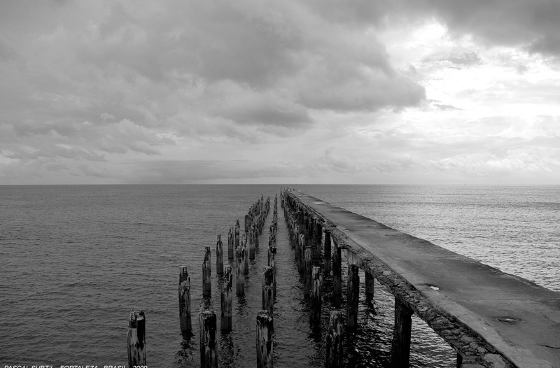 scenics - nature, brazil, horizon over water, post, day, beach, no people, railing, horizon, fortaleza, sky, pocodadraga, bresil, Black and White, cloud - sky