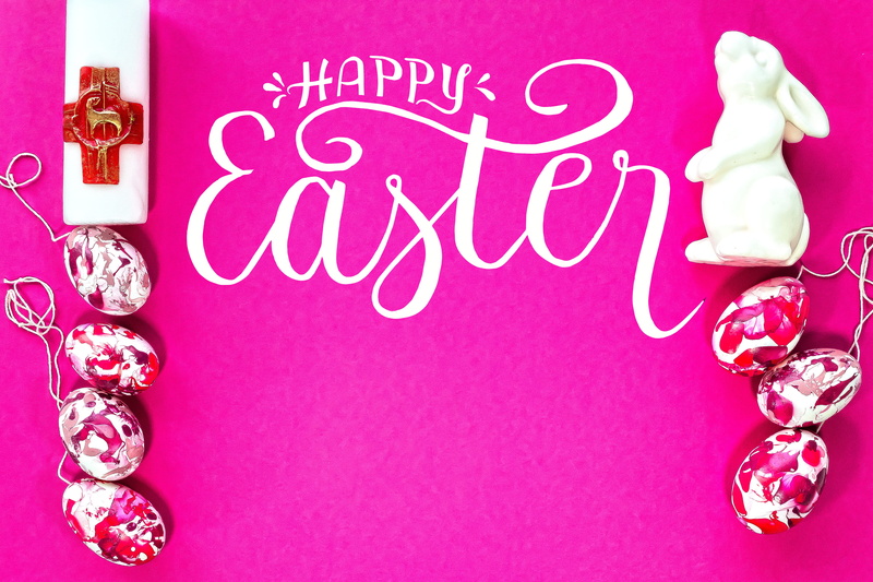 easter eggs, western script, indoors, red, decoration, friendly, pink color, 5K, close-up, spring, color, purple, easter, paint, event, postcard, hare