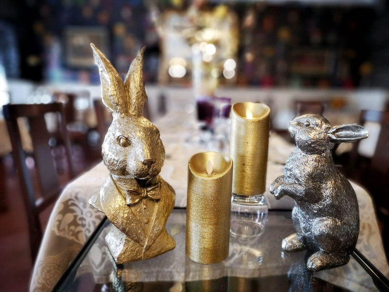 art and craft, mammal, figurine, easter bunny, restaurant, easter, human representation, close-up, creativity, metal, golden, toy, shining, table, beautiful