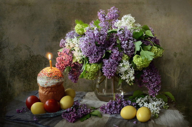 2K, eggs, Easter, branches, candle, lilac, cake, holiday
