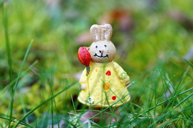 plant, outdoors, grass, field, creativity, wax, close-up, focus on foreground, human representation, green color, land, female hares, easter, toy, selective focus