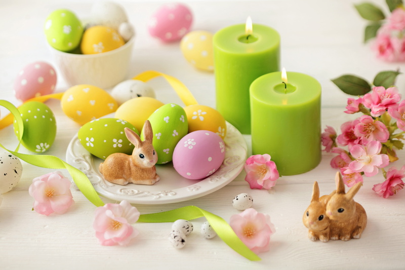 pillar, two, candles, eggs, 5K, tape, flowers, Easter, rabbits, green
