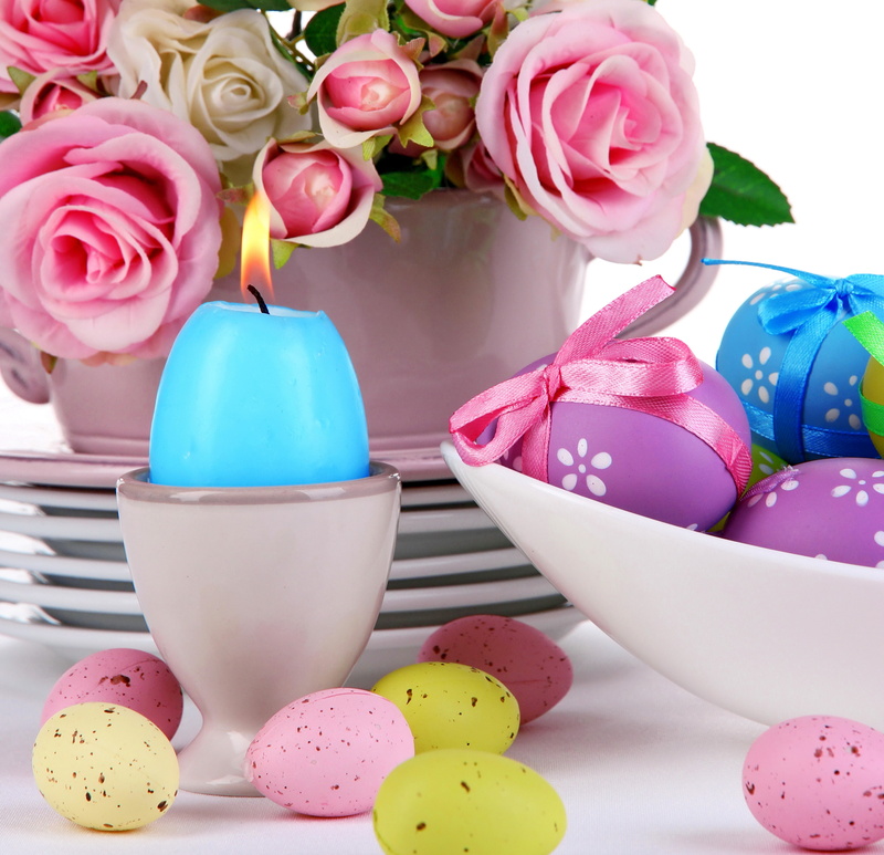 flowers, eggs, roses, pastel, Easter, 4K, candle, pink, serving
