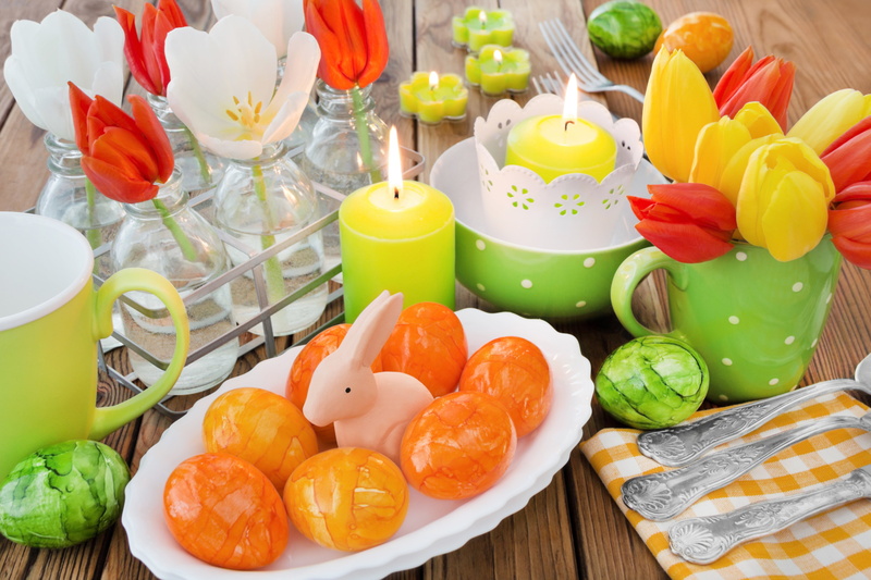 flowers, happy, delicate, bunny, candles, spring, basket, tulips, Easter, eggs, 5K, decoration, pastel