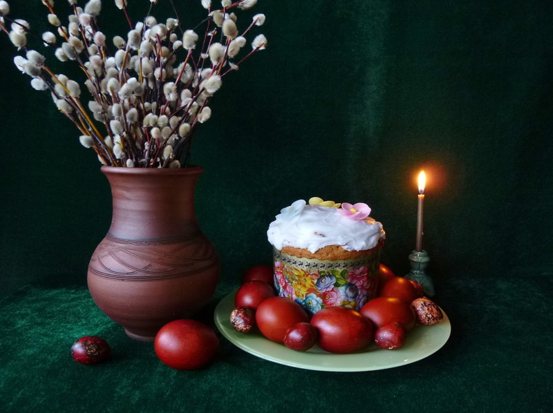 vase, candle, Easter, eggs, 1080P, plate, Verba, cake, twigs, fire