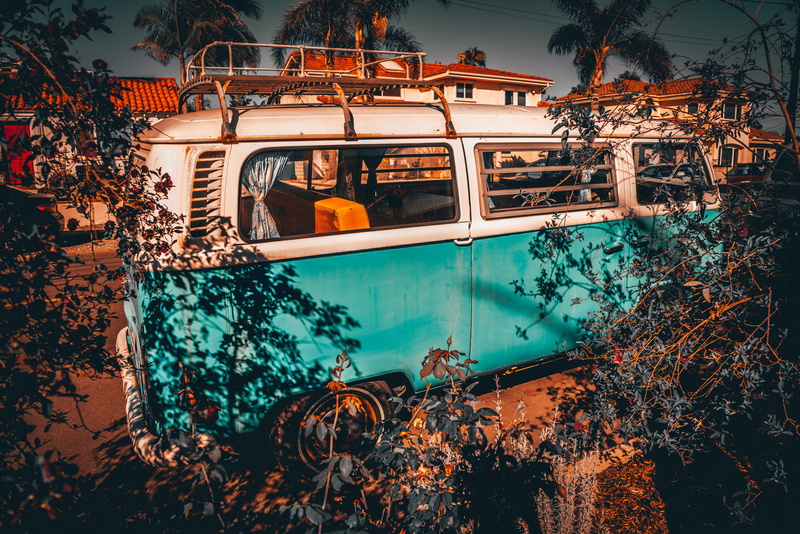 land vehicle, van, teal, vintage, plant, no people, transportation, lake, outdoors, reflection, branch, 8K, branches, water, nautical vessel, orange color