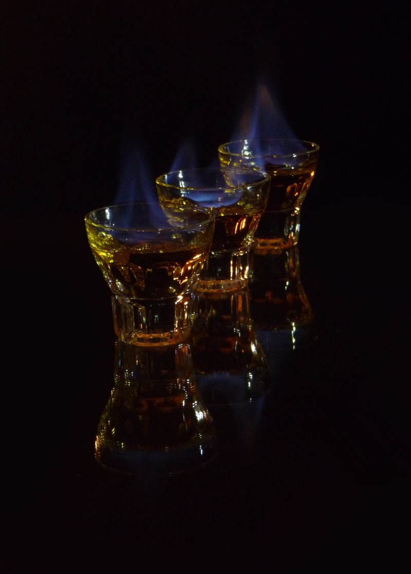 Flame, transparent, glass, vodka, whiskey, shot glass, rum, 2K, household equipment, studio shot, food and drink, drinking glass, reflection, Alcohol